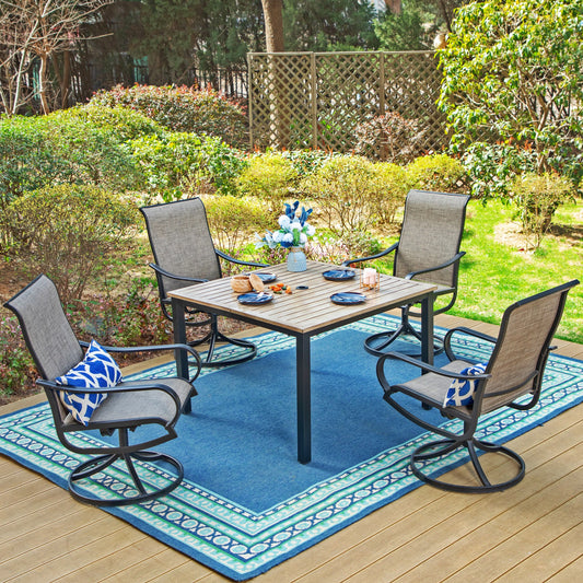 Summit Living 5-Piece Outdoor Dining Set with Swivel Chairs & Wood Grain Table, 1.75" Umbrella Hole, Black & Light Brown