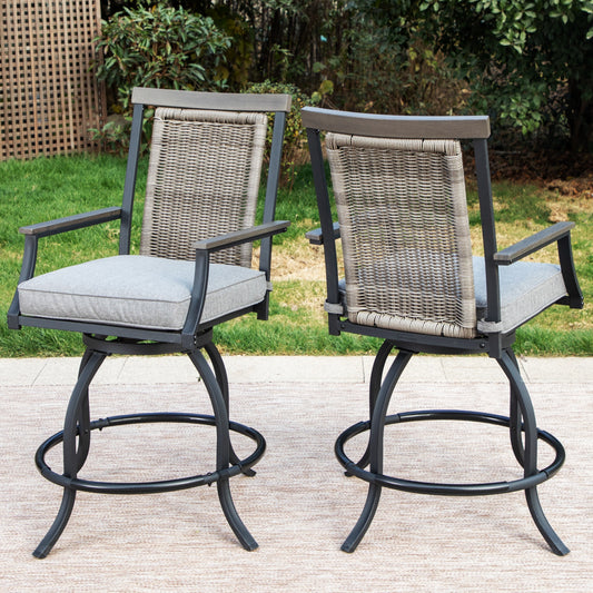 MF Studio Wicker Patio Bar Stools 2 Pieces Outdoor Counter Height Bar Chairs with PE Rattan Back & Cushion, Black & Gray