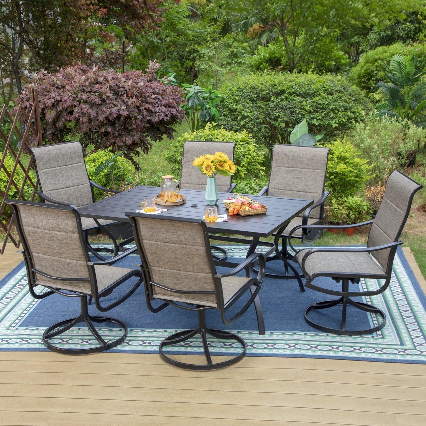 MF Studio 7-Piece Patio Dining Set with 6 High-Back Swivel Padded Sling Chairs & Rectangular Table, Black & Gray-Brown