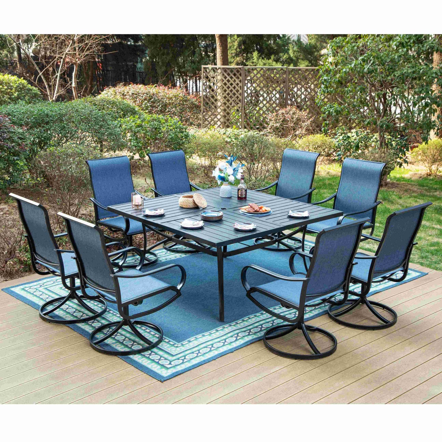 MF Studio 9-Piece Outdoor Patio Dining Set with 8 PCS Swivel Armchairs & 1 PC Large Square Table, Black & Blue