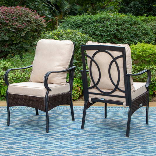 Summit Living Set of 2 Outdoor Wicker Dining Chairs with Seat & Back Cushions, Black & Beige