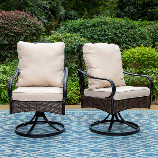 Summit Living Set of 2 Outdoor Swivel Dining Chairs with Wicker Frame & Cushions, Black & Beige