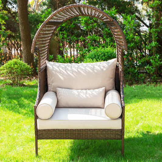 Summit Living Outdoor Patio Lounge Egg Chair, Wicker Chair with Cushions, Stationary Natural Style Oversize single sofa, Brown & Beige