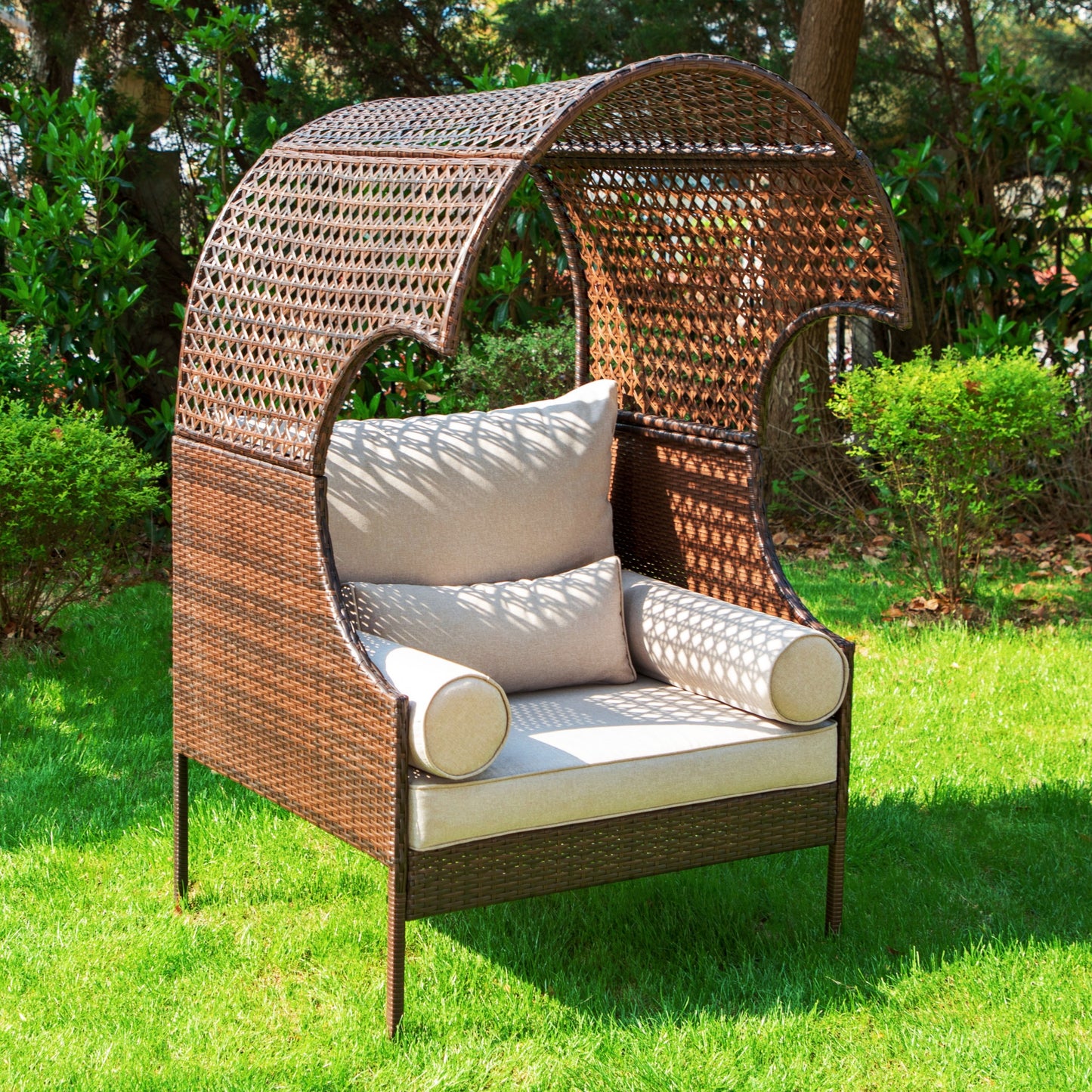 Summit Living Outdoor Patio Lounge Egg Chair, Single Wicker Chair with Cushions, Stationary Natural Style Oversize single sofa, Brown & Beige