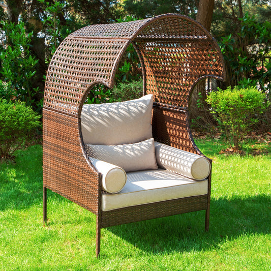 Summit Living Outdoor Patio Lounge Egg Chair, Single Wicker Chair with Cushions, Stationary Natural Style Oversize single sofa, Brown & Beige