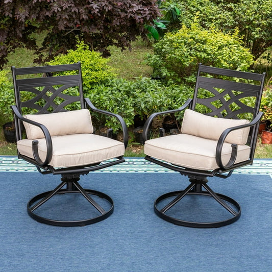 MF Studio 2-Piece Outdoor Dining Swivel Chairs with Cushion, Patio Metal Steel Chairs with Headrest, Beige