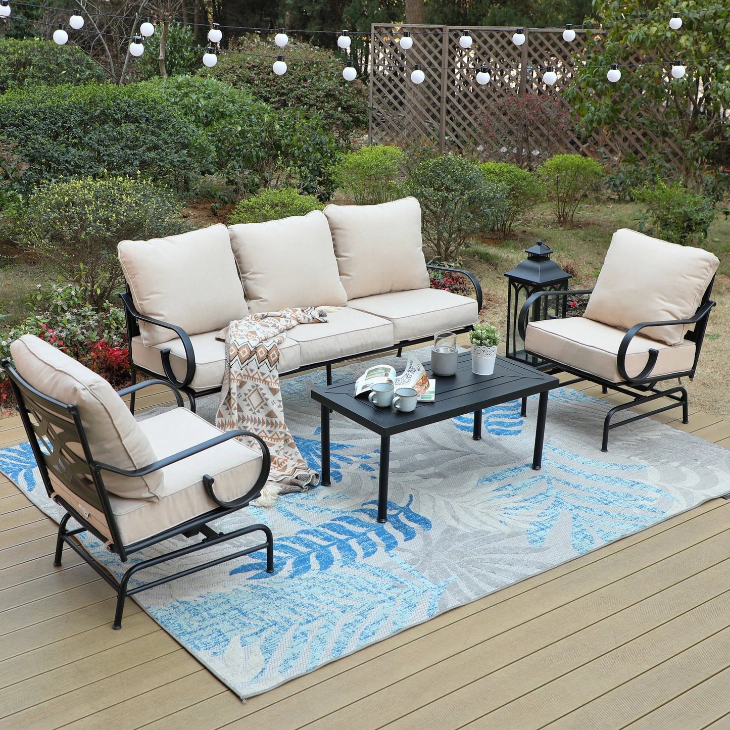 MF Studio 4-Piece Outdoor Conversation Set with Club Rocking Chairs&3-Seat Sofa, 5-Person Patio Seating Group with Cushions, Black&Beige