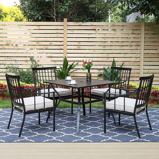 MF Studio 5-Piece Outdoor Dining Set with Cushioned Armchairs & Square Table for 4-Person, Heavy Duty Frame, Black & Beige