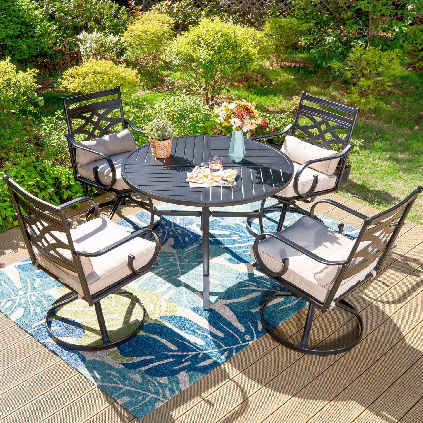 MF Studio 5 Pieces Patio Dining Set 1 Piece Metal Round Table & 4 Pieces Outdoor Swivel Chairs with Cushion