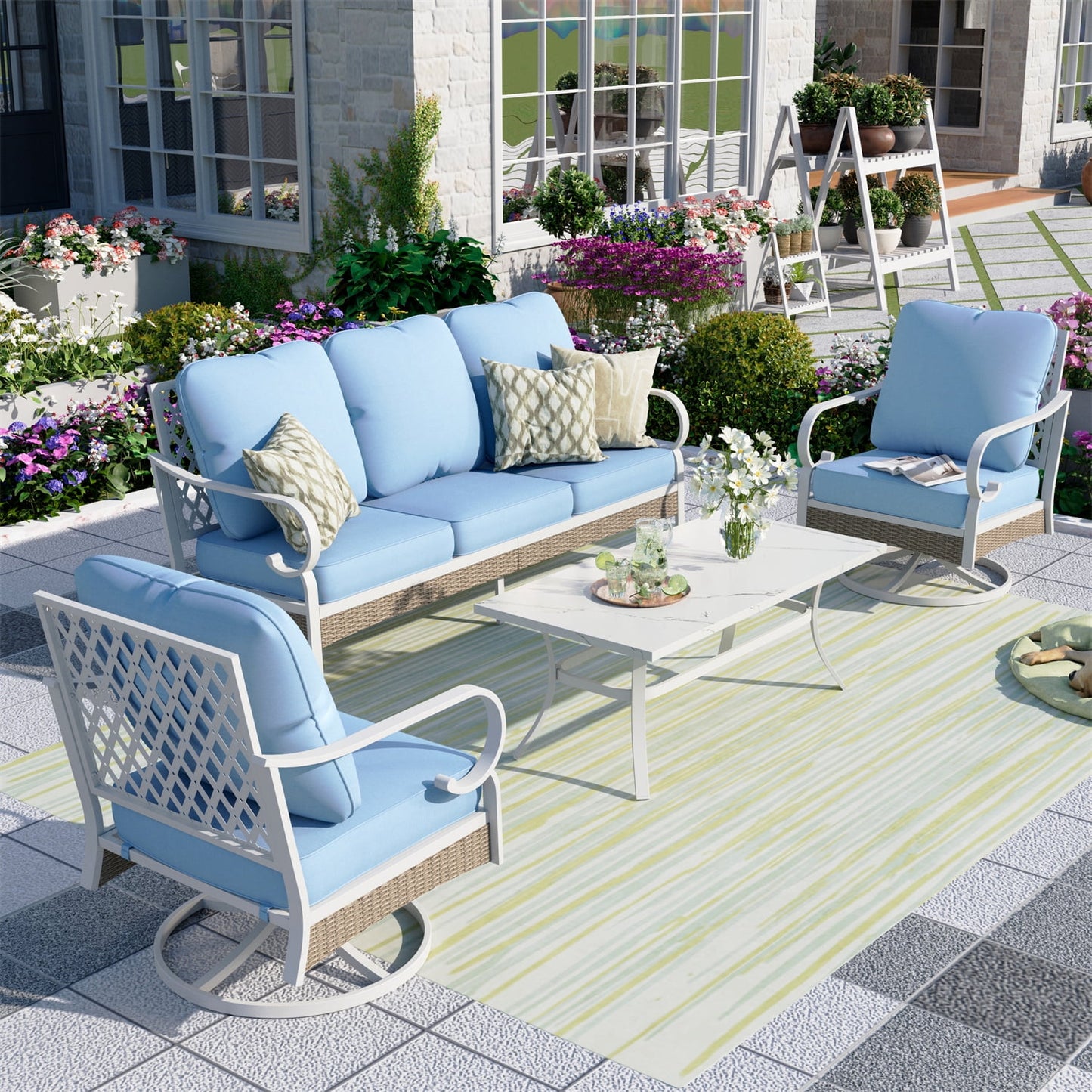 Summit Living 5 Seater Patio Conversation Set Metal Outdoor Furniture with Swivel Chair Sofa Outdoor Sectional Blue