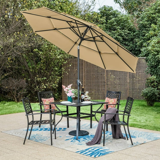 MF Studio 6-Piece Outdoor Dining Set with 10 ft 3-Tier Umbrella, 4 Stack-able Chairs & Square Table for 4-Person, Black & Beige