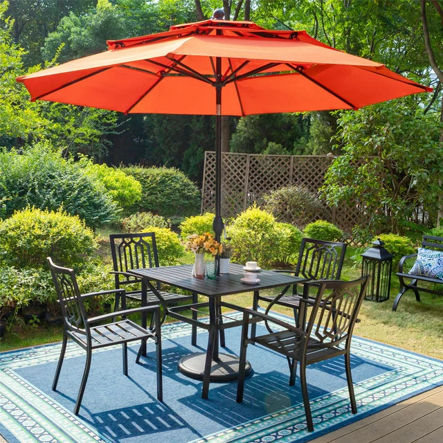 MF Studio 6-Piece Outdoor Patio Set with 10 FT Umbrella , 4 PCS Metal Steel Stacking Chairs &1 PC Square Dining Table, All Weather-resistant, Orange Red Umbrella