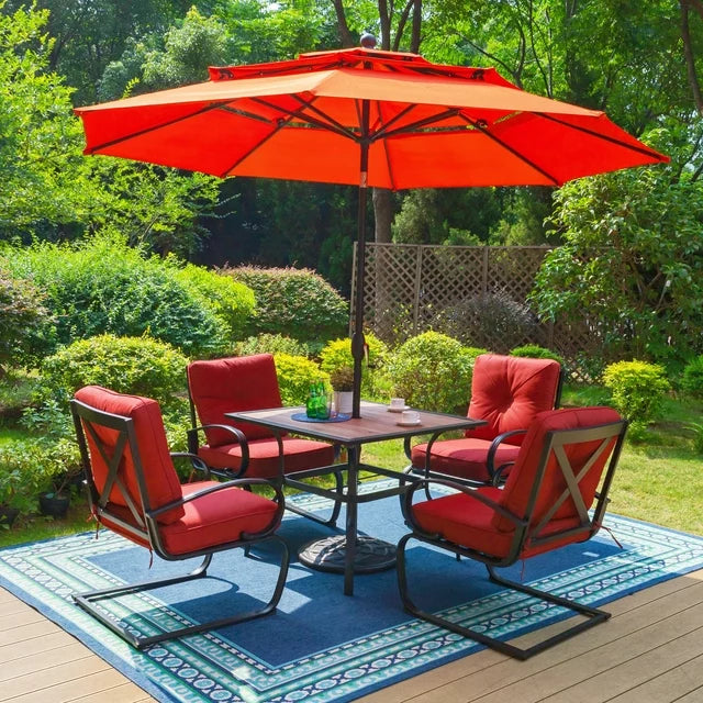 MF Studio 6-Piece Outdoor Patio Set with 10 FT Umbrella, C-spring Padded Rocking Chairs&Wood-like Dining Table, All Weather Resistant, Red Cushion&Umbrella