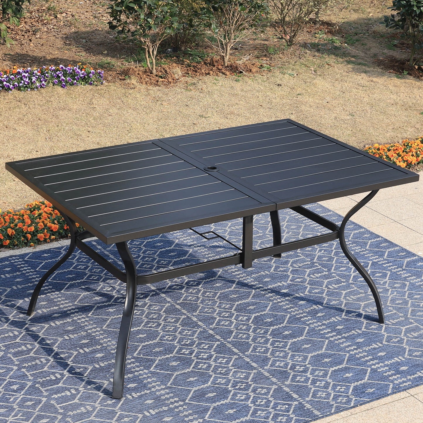 MF Studio 60" x 38" Outdoor Rectangle Metal Dining Table with Umbrella Hole, Suitable for 6-Person, Black