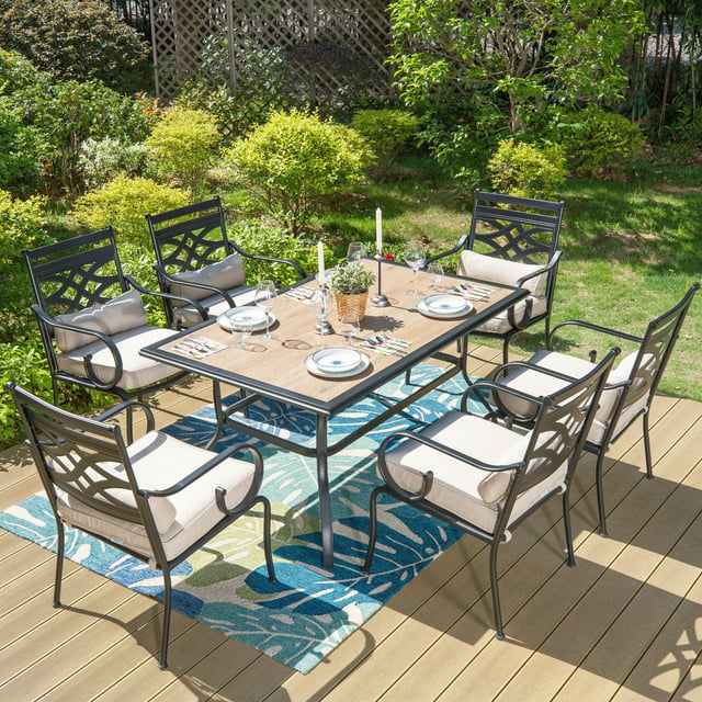 MF Studio 7-Piece Outdoor Dining Set with Cushioned Chairs&Rectangle Table for 6-Person, Black&Beige