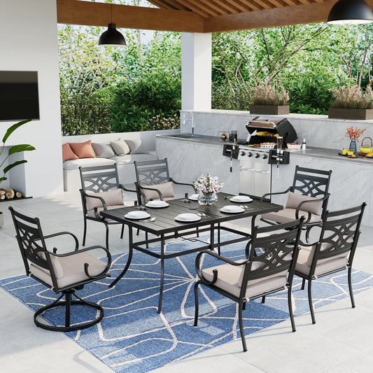 MF Studio 7-Piece Outdoor Patio Dining Set with 4 Pieces Ding Chairs, 2 Pieces Swivel Chairs with Cushions and Headrests & 1 Piece Rectangle Metal Table