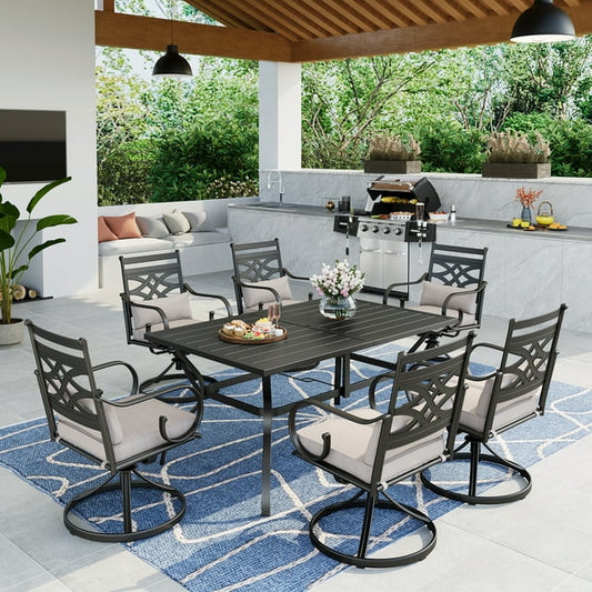 MF Studio 7-Piece Outdoor Patio Dining Set with 1 Piece Metal Rectangle Table & 6 Pieces Swivel Chairs with Cushion & Headrests