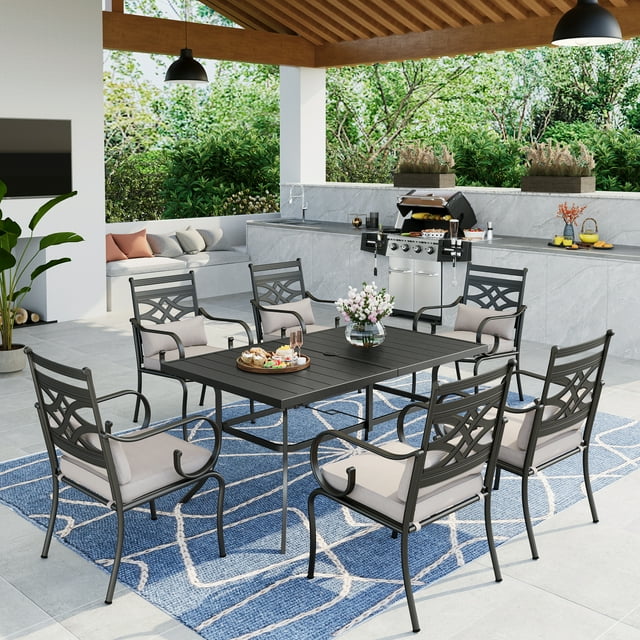 MF Studio 7-Piece Outdoor Patio Dining Set with 6 Pieces Cushioned Armchairs& 1 PieceMetal Steel Rectangular Table, Black & Beige