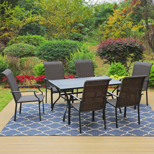 MF Studio 7-Piece Outdoor Wicker Dinning Set with High-Back Chairs & 6-Person Table, Black & Dark Brown