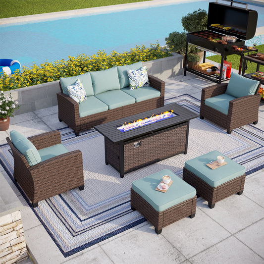 MF Studio 7 Seater Outdoor Patio Furniture Sofa Set with Fire Pit Table Wicker Patio Sofa Conversation Set Blue