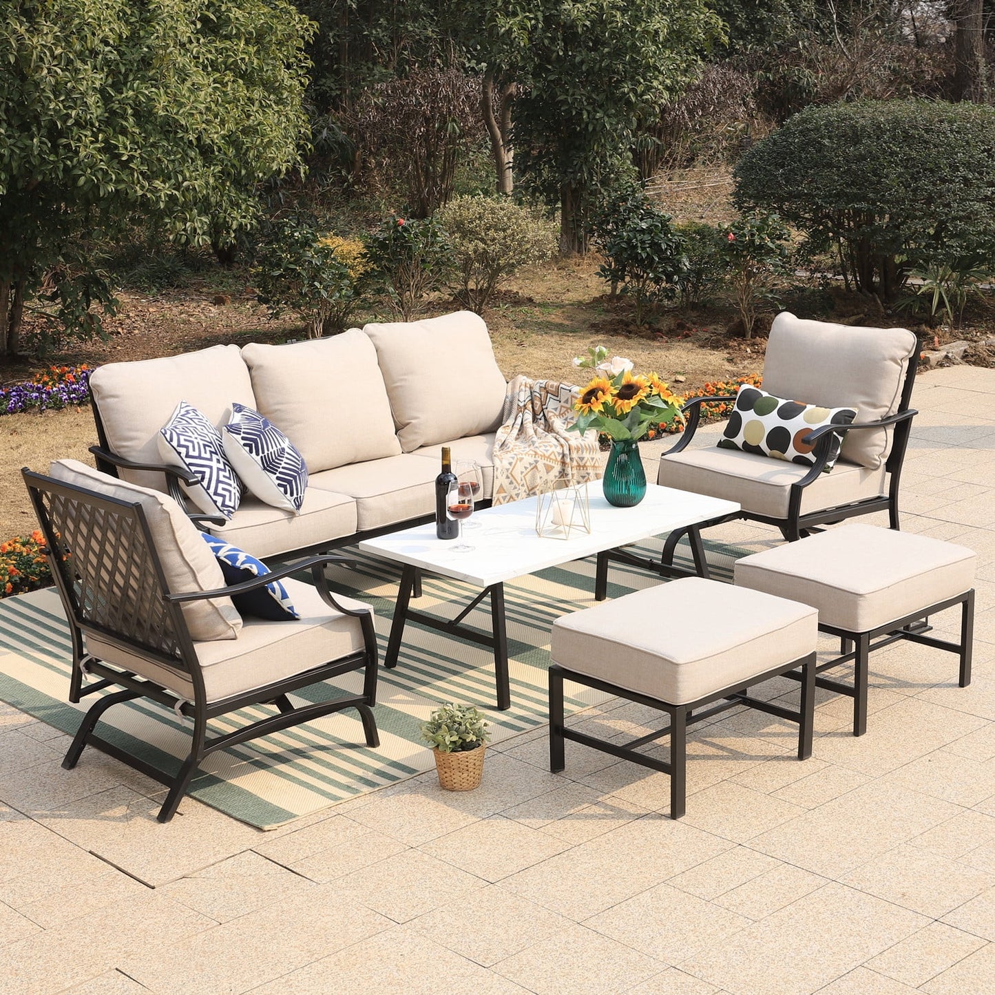 MF Studio 7-Seater Patio Conversation Set Metal Outdoor Furniture Set with Rocking Chair Sofa Beige