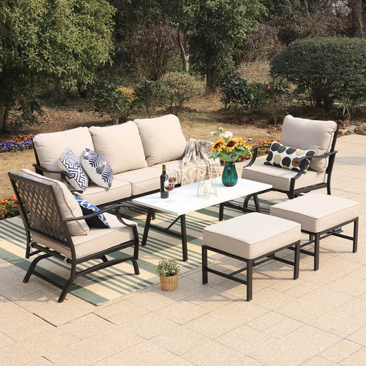 MF Studio 7-Seater Patio Conversation Set Metal Outdoor Furniture Set with Rocking Chair Sofa Beige