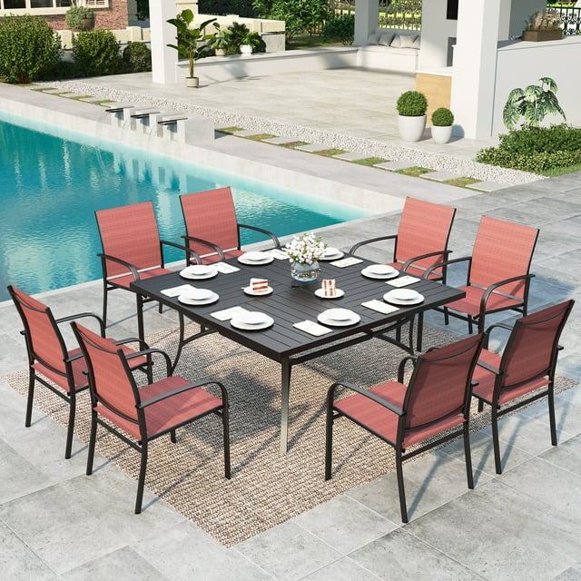 MF Studio 9-Piece Outdoor Patio Dining Set with Large Square Steel Table & Textilene Chairs for 8-Person, Steel Frame, Black & Red