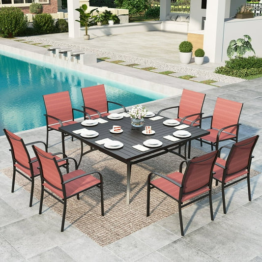 MF Studio 9-Piece Outdoor Patio Dining Set with Large Square Steel Table & Textilene Chairs for 8-Person, Steel Frame, Black & Red