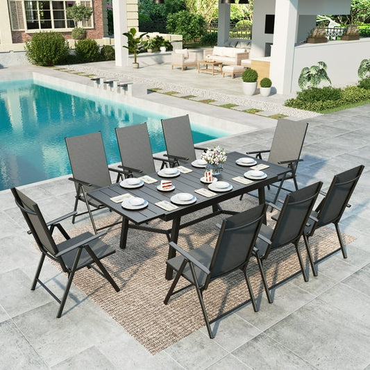 MF Studio 9-Piece Outdoor Patio Dining Set with Metal Steel Expandable Table & Aluminum Folding Sling Chairs for 8 Person, Black