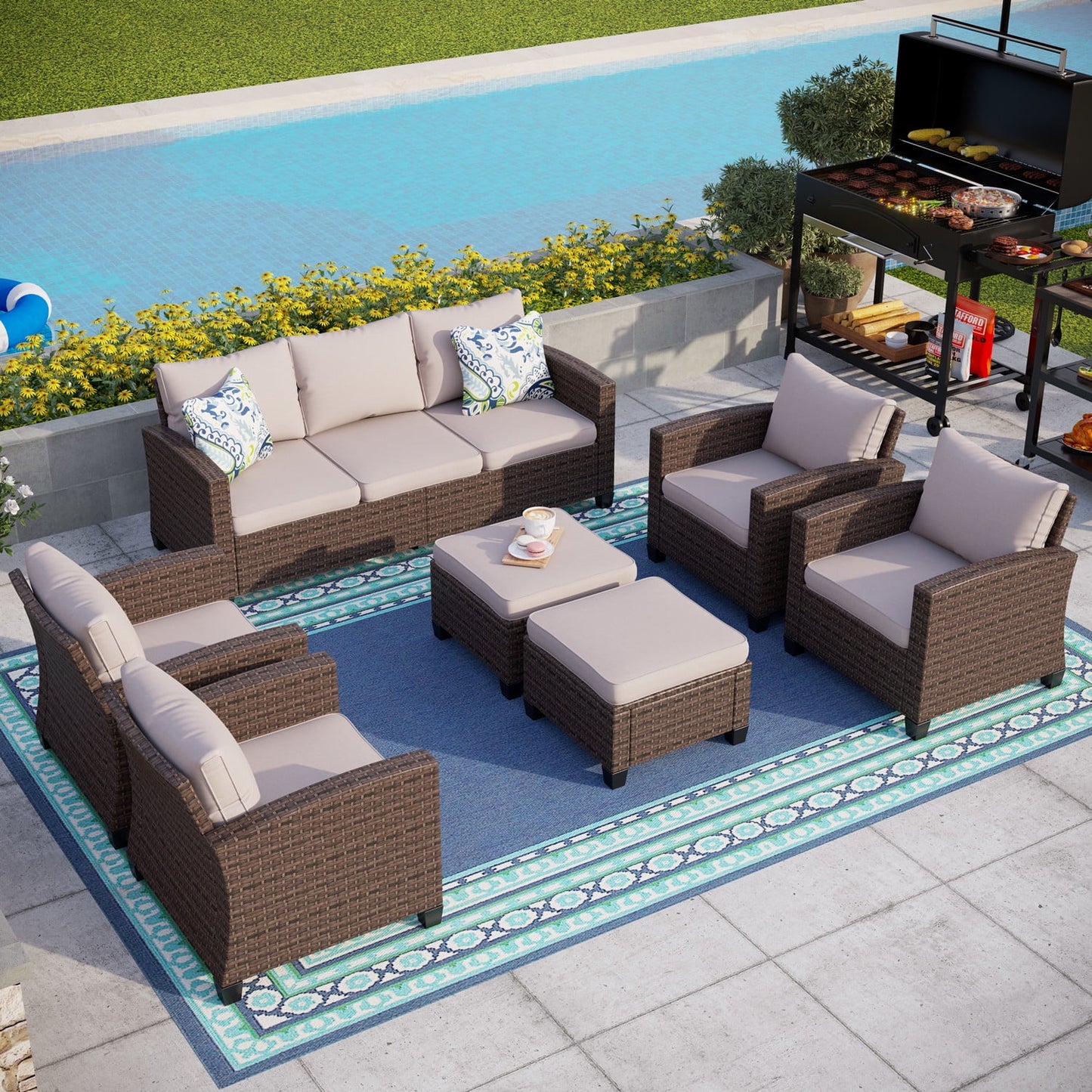 MF Studio 9 Seat Outdoor Sectional Patio Conversation Sofa Set Wicker Furniture Sofa Set Beige