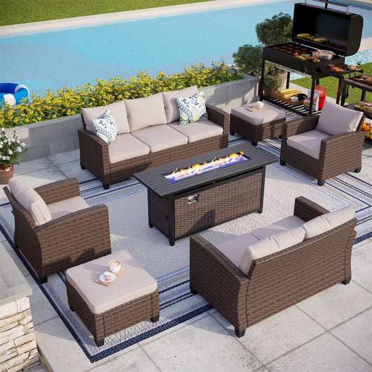 MF Studio 9 Seater Patio Sectional Furniture Sofa Set with Fire Pit Table Wicker Patio Sofa Conversation Set Beige