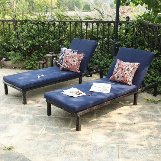 MF Studio Set of 2 Outdoor Patio Wicker Chaise Lounge with Adjustable Chair Back, Navy Blue