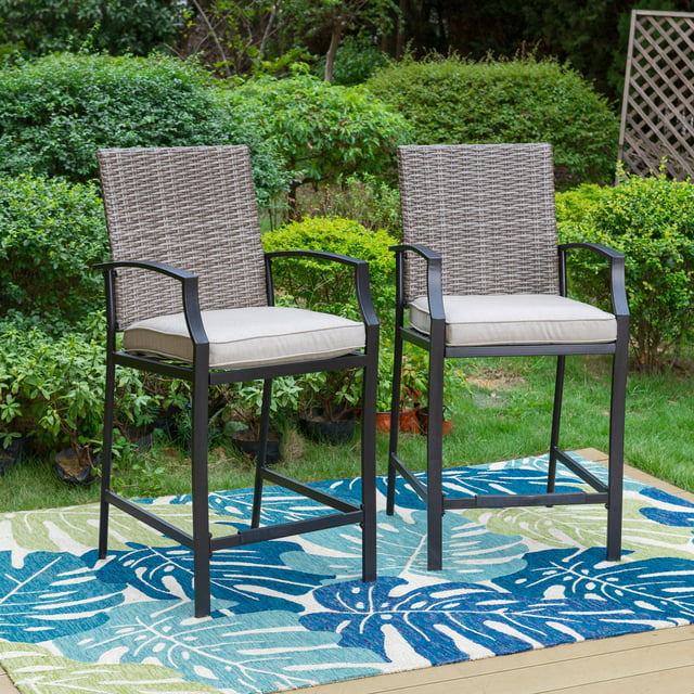 MF Studio Set of 2 Outdoor Patio Rattan Bar Stools with Rattan Back&Cushioned Seat, Light Gray&Black