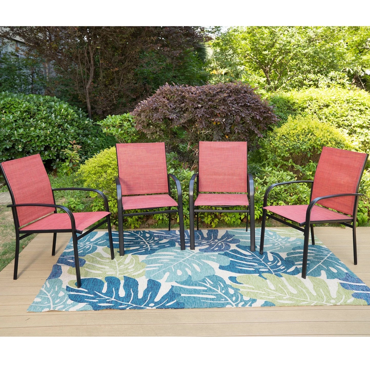 MF Studio Set of 4 Outdoor Patio Dining Chairs, Steel Frames with Textilene, Black&Red