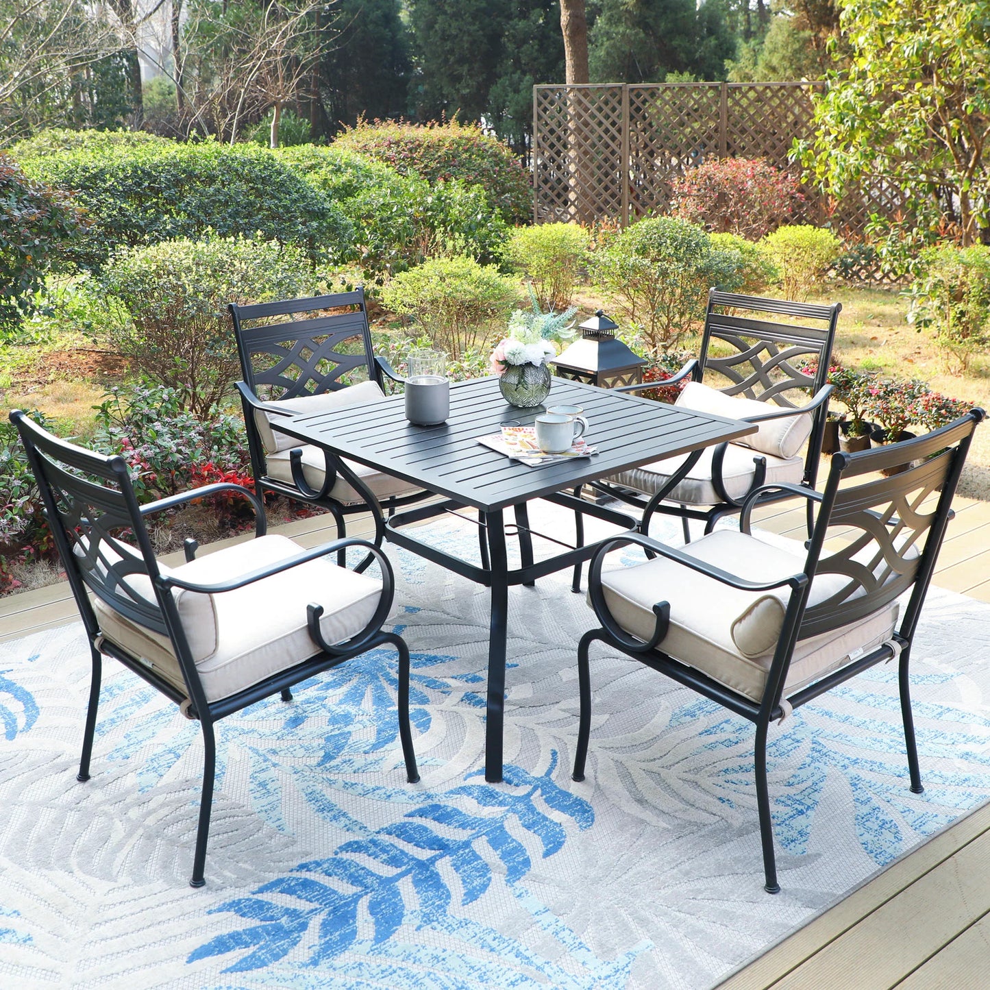 MF Studio Set of 5 Outdoor Dining Set with 4-Piece Cushion Padded Armchairs & 1-Piece Square Table for Dinner&Party, Black&Beige