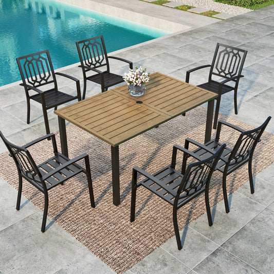 MF Studio 7-Piece Outdoor Patio Dining Set with Stacking Chairs & Wood-Grain Topped Table for 6-Person, All-Weather Metal Furniture Set, Black