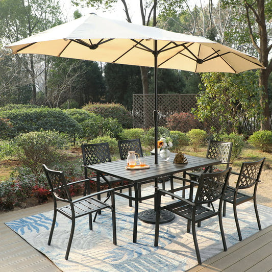 MF Studio Set of 8 Outdoor Dining Set with 13 ft Umbrella&Stack-able Chairs for 6-Person, Black&Beige