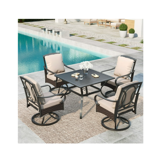 MF Studio 5-Piece Outdoor Patio Dining Set with Wicker Swivel Chairs with Seat & Back Cushions, 37" Slatted Square Table, Black & Beige