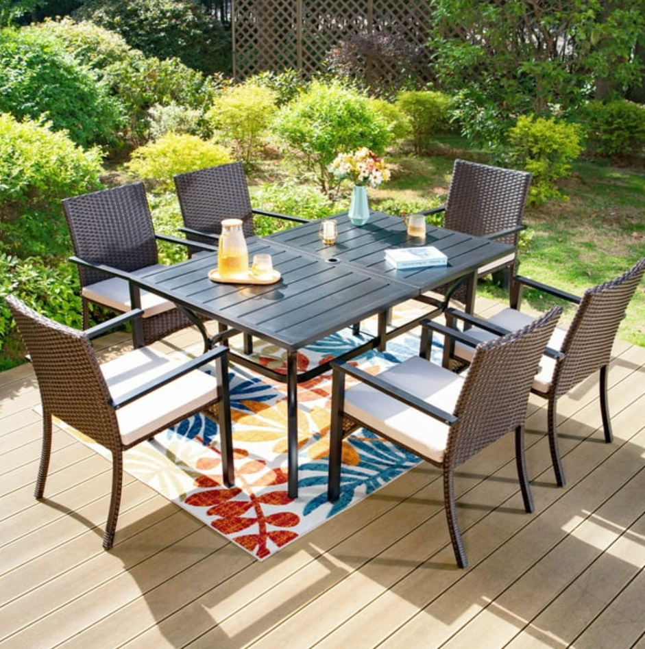 MF Studio 7-Piece Outdoor Dining Set with Six Wicker Cushioned Chairs & Rectangular Table, Black & Dark Brown