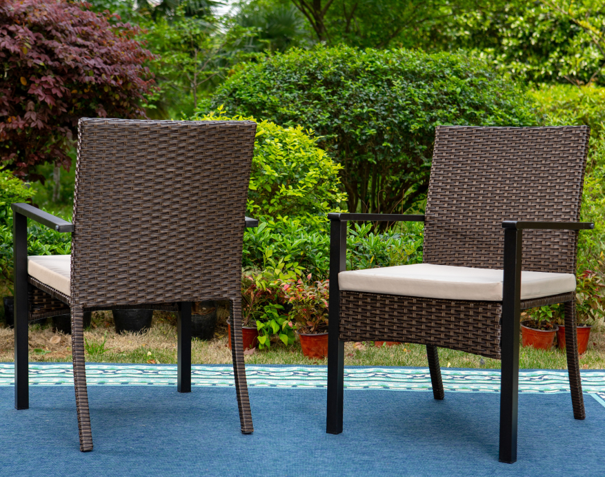 Summit Living patio rattan Dining Chairs Set of 2 with Cushions, Dark Brown & Beige