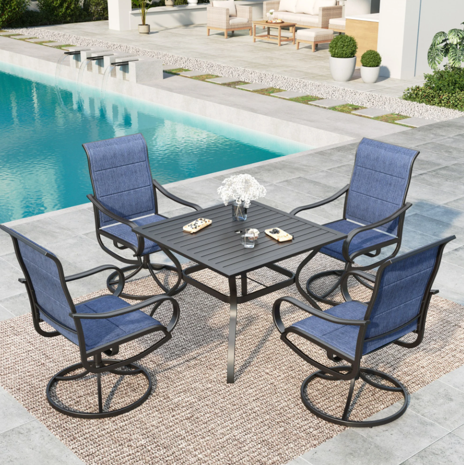 MF Studio 5-Piece Patio Dining Set with Padded High-Back Swivel Chairs & 4-Person Square Table, Black & Blue