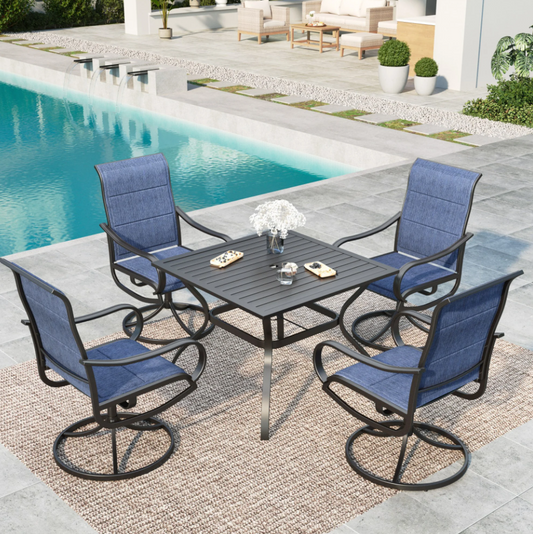 MF Studio 5-Piece Outdoor Patio Dining Set with High-Back Swivel Chairs & 4-Person Square Table, Black & Blue