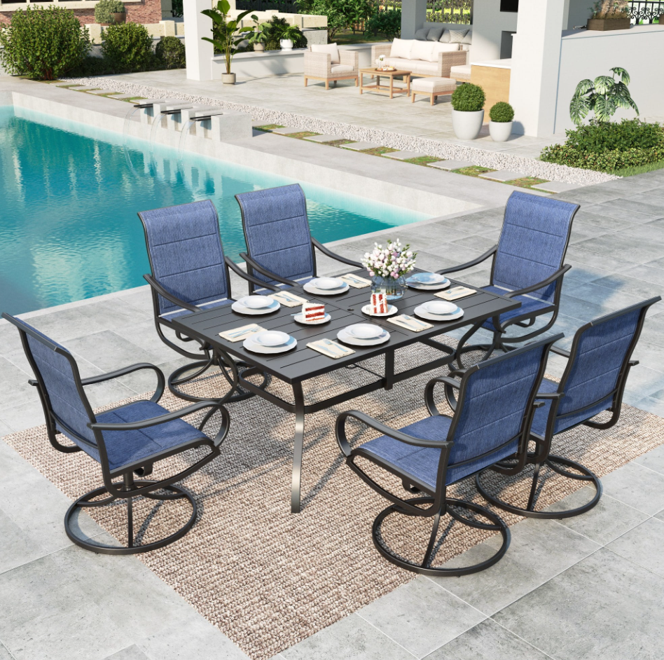 MF Studio 5-Piece Patio Dining Set with High-Back Swivel Chairs & 6-Person Round Table, Padded Textilene Seat, Black & Blue