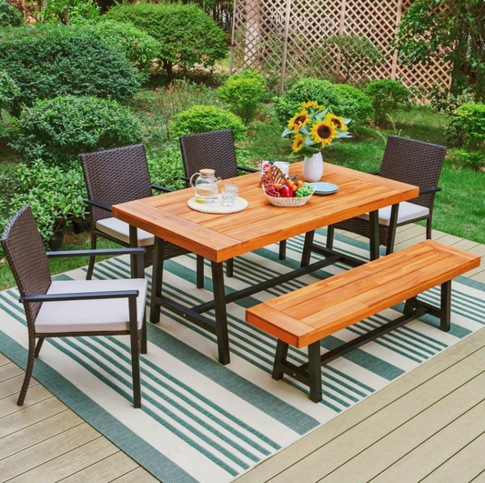 MF Studio 6-Piece Patio Outdoor Dining Set, 4 Wicker Chairs, Wood Table and Wood Bench