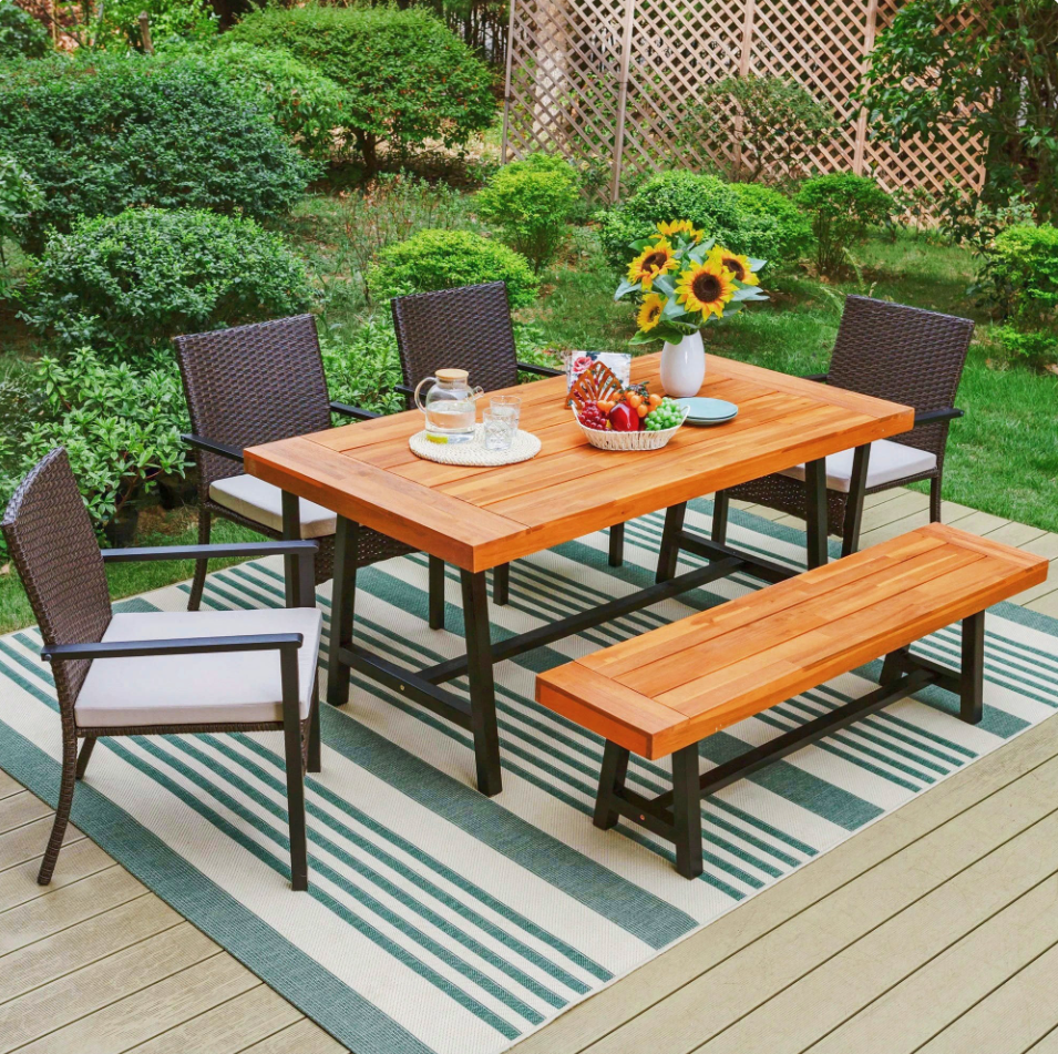 MF Studio 6-Piece Patio Dining Set with Wood Table, Wood Bench & Wicker Chairs