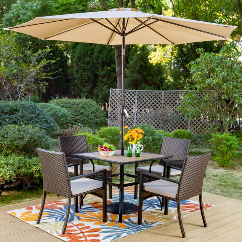 MF Studio 6-Piece Patio Set, Wicker Chairs & Square Table for Dinner with Umbrella, Party & Conversation