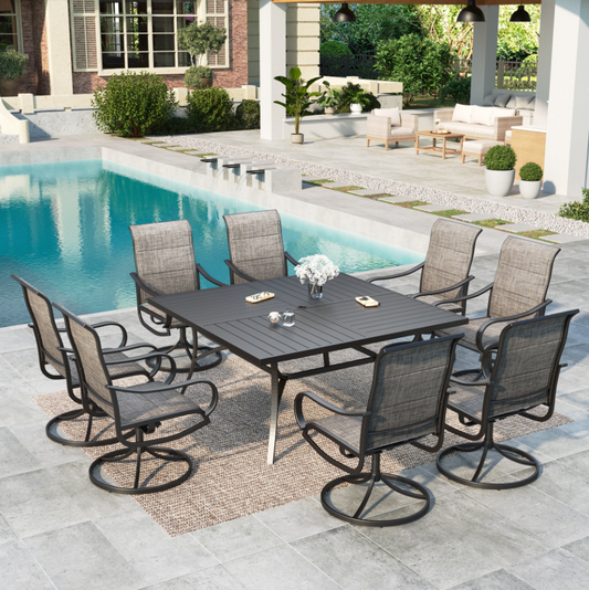 MF Studio for 8 Person Outdoor Dining Set with Large Square Table & Swivel Sling Chairs