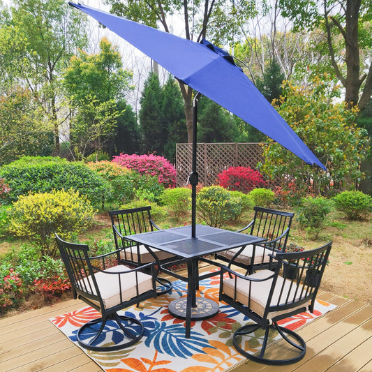 MF Studio 6-Piece Outdoor Dining Set with 9 ft Umbrella, 4 Swivel Chairs & Square Table for 4-Person, Black, Beige & Blue