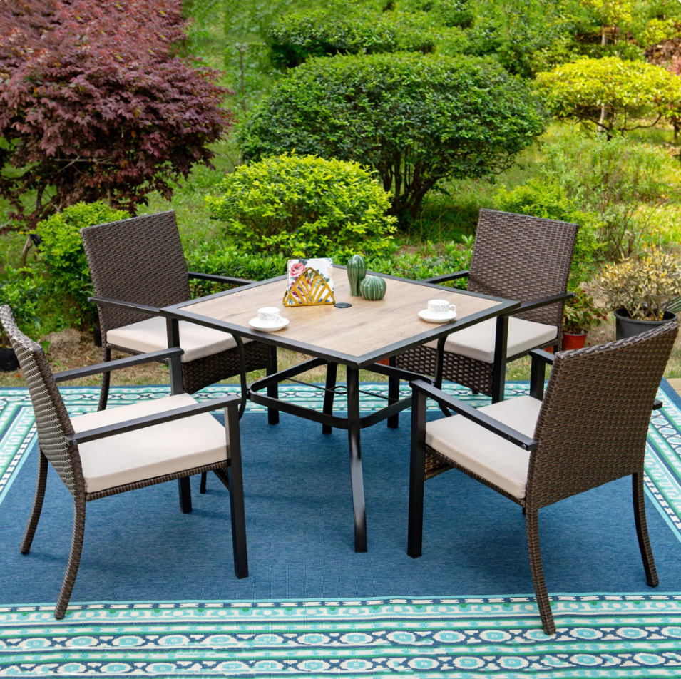 MF Studio 5-Piece Outdoor Patio Furniture Set with 4 pieces Rattan Cushioned Armchairs & 1 PC Square Table, Dark Brown