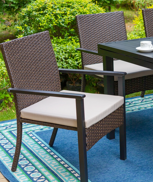 MF Studio Set of 2 Outdoor Patio Wicker Chairs with Cushions, Steel & Rattan, Black & Brown